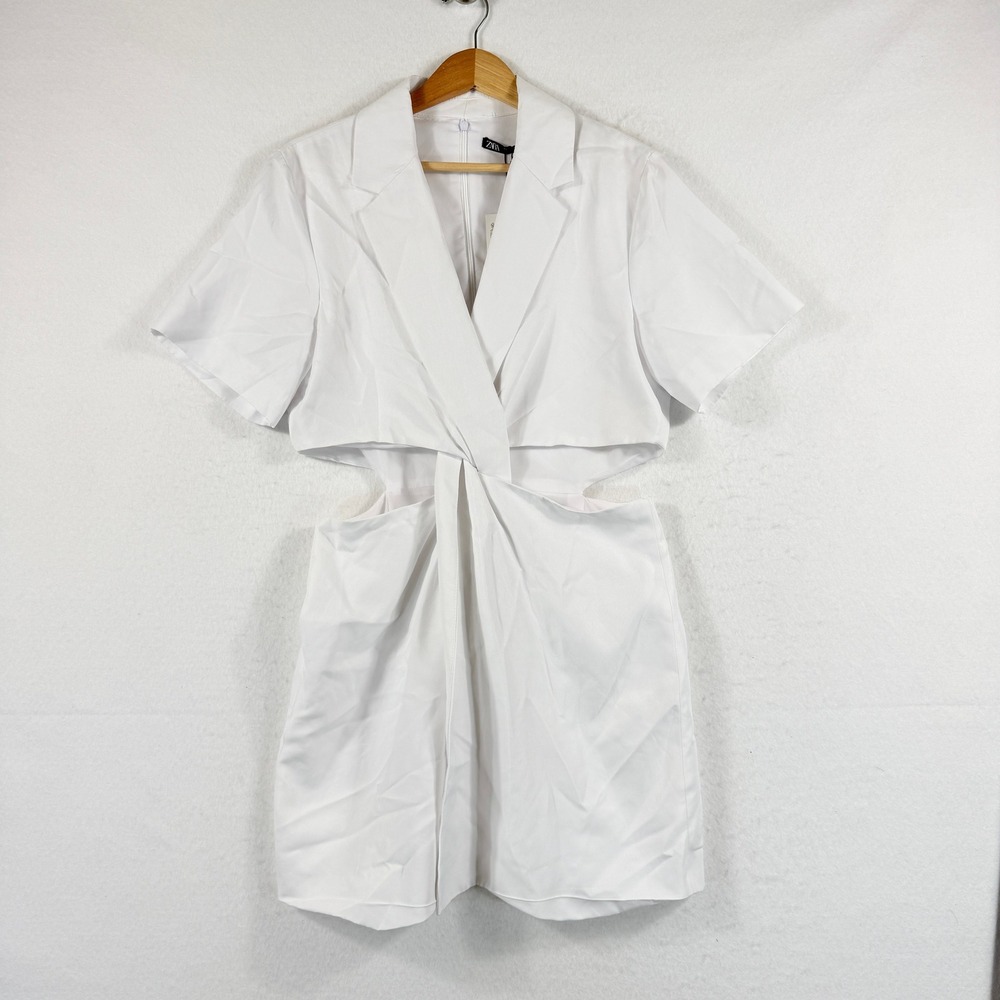Zara Blazer Mini Dress Women Large White Cut‎ Out Short Sleeve Modern Chic NEW